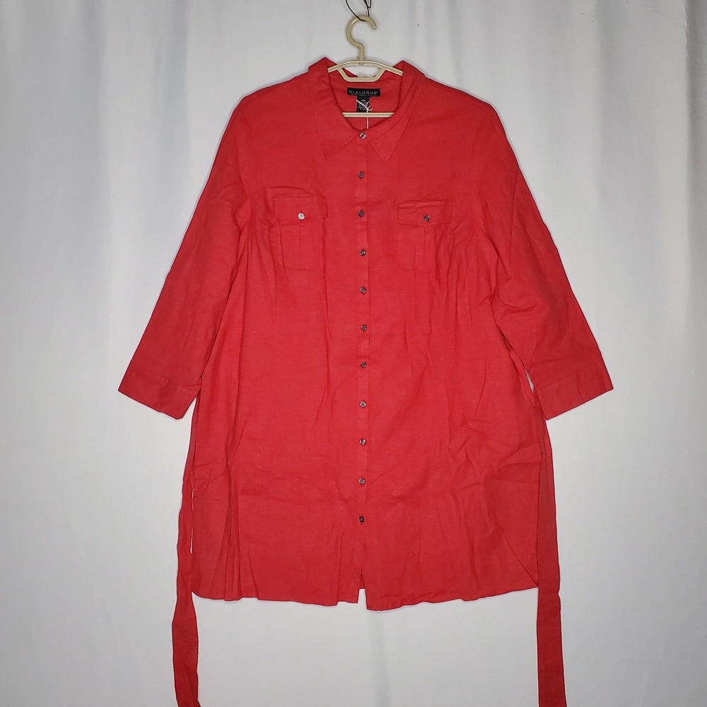 Dialogue Button Tunic Dress Petite 3XP Red Linen Cotton Belt Collar 3/4‎ Sleeve